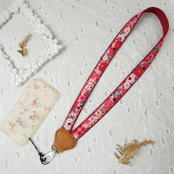紅色系Y型減壓雙色韓國花布真皮手機頸掛繩