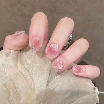 優美甲片 手工美甲成品ins極光蝴蝶結山茶花溫柔水蜜桃腮紅短款美甲穿戴甲