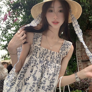 出清不補  短袖上衣 休閒百搭 小性感 短袖 上衣 夏季 寬鬆 方領雪紡無袖碎花吊帶夏季2024新款復古氣質時尚