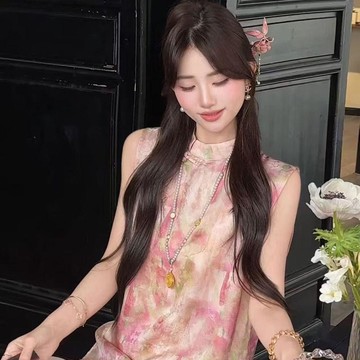 熱銷人氣王💥新中式時尚套裝女夏寬鬆遮肉顯瘦暈染背心浮光錦上衣闊腿褲兩件套2RIS