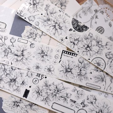 黑白調 復古線描稿 芙蓉花 和紙膠帶