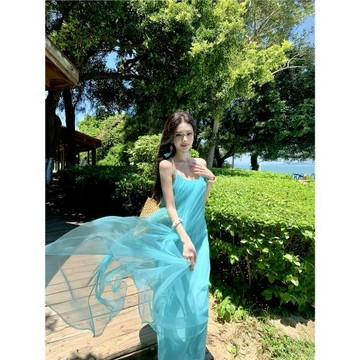 海邊度假風湖藍色雪紡吊帶連衣裙女夏季寬松顯瘦飄逸大擺長裙超仙