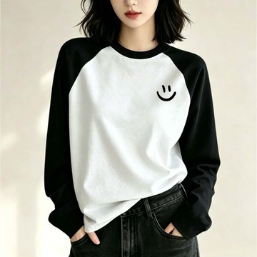免運 舒適感滿分👚撞色純棉長袖T恤 女 寬鬆oversize遮肉版型 簡約百搭拼色長袖上衣 基礎款 休閒薄長t 0913