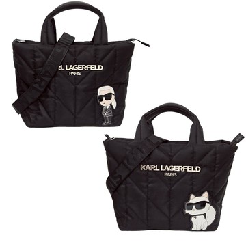 KARL LAGERFELD卡爾可愛貓咪圖案菱格紋搭配設計中款托特包 兩款可選(贈原廠防塵袋)