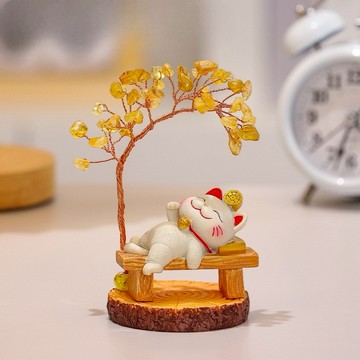 🐎新年快樂🔜 快速出貨【招財貓的家】天然黃水晶+躺贏招財貓 開運 招財 喬遷禮物 交換禮物