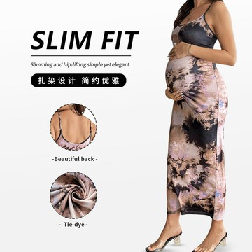 歐美跨境孕婦連衣裙秋季長款無袖性感減齡薄款印花純欲露背吊帶裙鑫弘-素時衣櫥