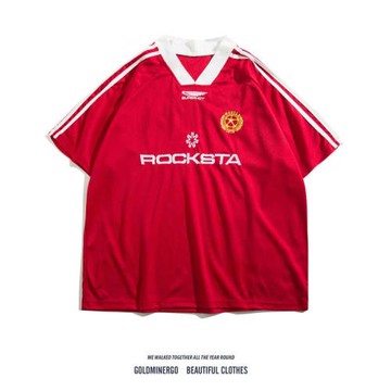 美式復古vintage刺繡短袖T恤男女潮牌寬松嘻哈三條杠運動V領球服