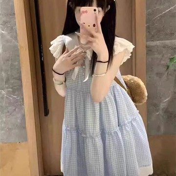 台灣出貨 藍色格子小飛袖娃娃領連衣裙女夏季新款小個子可愛甜美初戀裙 夏天裙子 短袖洋裝 連衣裙 連身裙 顯瘦