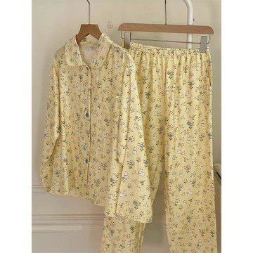 芥末黃碎花兔｜純棉雙層紗布睡衣女親膚A類家居服四季款吸汗套裝