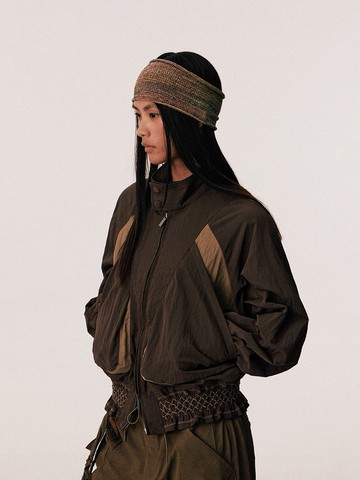 日系復古 / 褶飾打攬拼接皺感尼龍外套