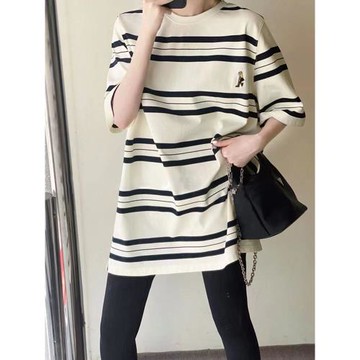 歐貨2025新款漂亮洋氣寬松上衣中長款遮屁股條紋正肩短袖t恤女夏