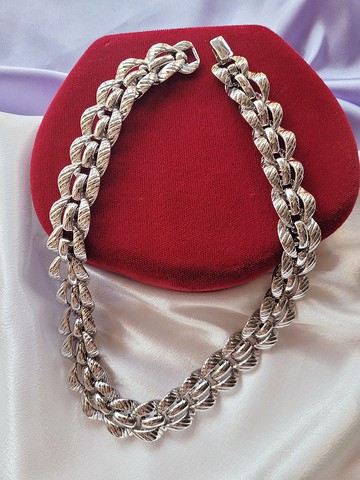 美國西洋古董飾品 /銀色調MONET莫內繩弧面鏤空摩登項鍊/復古首飾