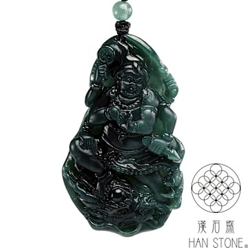 【漢石齋】天然翡翠A貨 六臂大黑天玉佩吊墜 冰糯種深藍水(36*60*8mm)