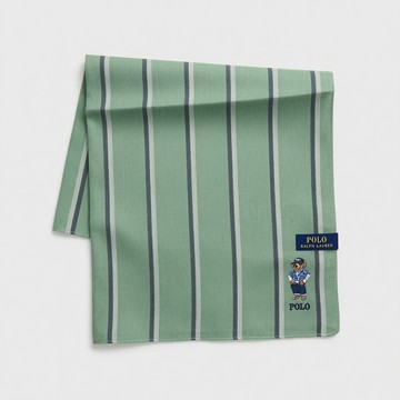 【RALPH LAUREN】POLO BEAR 小熊刺繡經典直條紋純棉手帕領巾(鼠尾草綠色 48×48cm 日本製 附品牌紙袋)