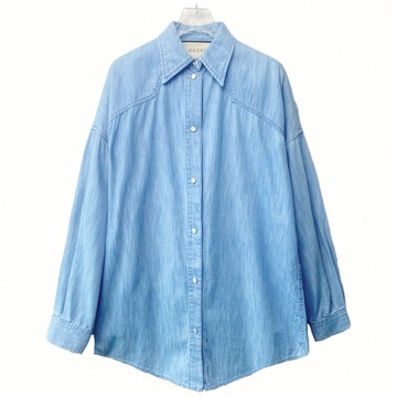 (2XL) gucci質感中性寬鬆棉質花豹刺繡翻領排扣藍色襯衫上衣