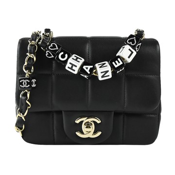 CHANEL 經典菱格紋小羊皮金釦黑白方塊鏈帶翻蓋斜背包（黑色）_廠商直送
