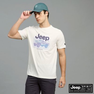 JEEP 男裝 復古吉普車印花純棉短袖T恤-米白色