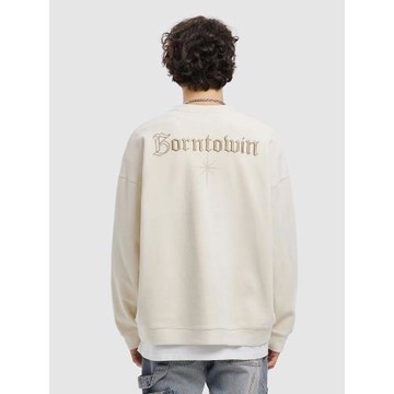 BTW春秋套頭圓領衛衣男女仿麂皮絨刺繡潮牌寬松休閑情侶美式上衣