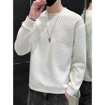 潮牌圓領衛衣男士內搭新款菱形提花華夫格長袖t恤秋冬打底衫上衣