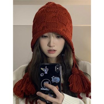 民國風手工鉤針流蘇針織帽子女秋冬護耳保暖毛線帽休閑百搭包頭帽