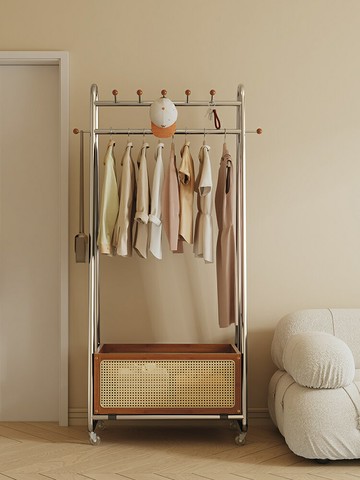 落地式掛衣架衣帽架  中古藤編衣帽架臥室落地掛衣架房間復古晾衣架移動拐角掛衣桿法式