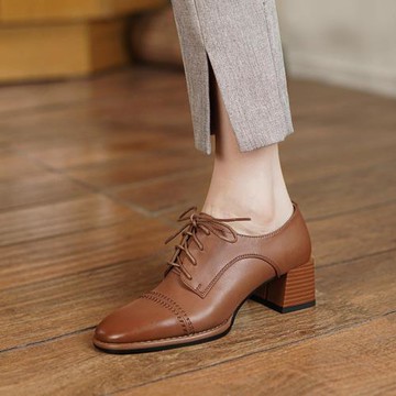 英倫風小皮鞋2022春秋季新款百搭系帶單鞋女新款中跟深口真皮女鞋