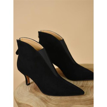 M先生細跟短靴女春秋單鞋尖頭真皮磨砂及踝靴v型口后拉鏈高跟裸靴