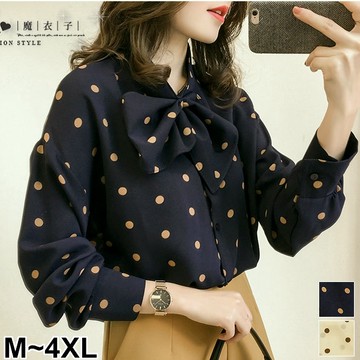 【QV3001】魔衣子-點點印花蝴蝶結領長袖襯衫上衣