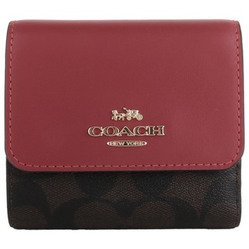 COACH  金屬馬車拼色皮革釦式三折短夾(紅x深咖)