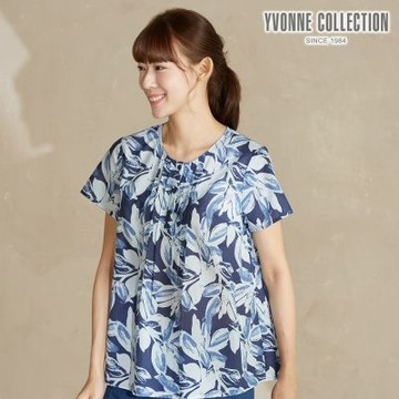 YVONNE 以旺傢飾棉麻印花半開襟短袖上衣-丈青