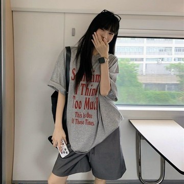 韓系 純棉短袖 灰色 夏季新款 寬鬆 印花字母美式復古 百搭上衣T恤 女生上衣 韓版短t