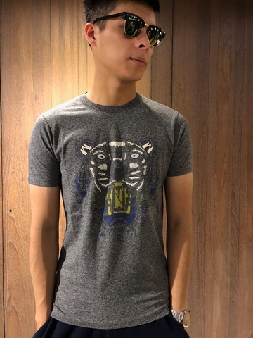 美國百分百【全新真品】KENZO 高田賢三 T恤 圓領 T-shirt 短袖 logo 虎頭 印圖 麻灰 S號 J071