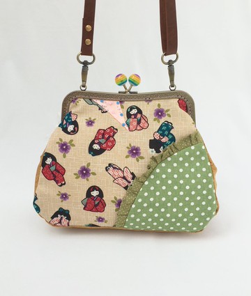 拼布 吻鎖口金包包 斜背 側背 單肩包 和服女孩