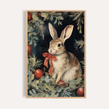 森林耶誕風格 / 紅絲帶兔子 聖誕掛畫 海報 無框畫