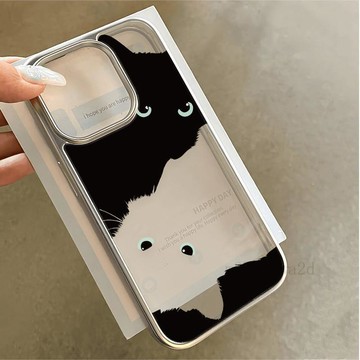 台灣出貨🚚 黑白貓咪電鍍相框 蘋果手機殼 蘋果16手機殼iphone15promax防摔14pro手機殼13防摔保護殼