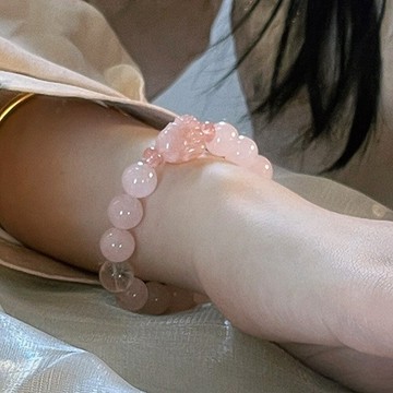 粉水晶手鍊 狐狸手鍊 九尾狐串珠手串 天然瑪瑙 白水晶手串 飾品 水晶手飾 圓珠手鍊 692