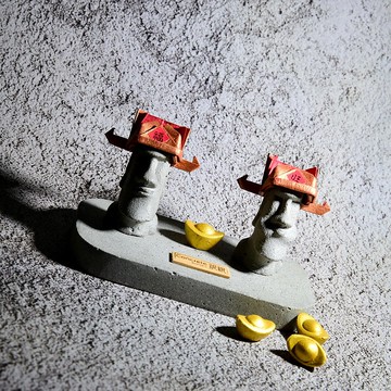 水泥製摩艾擺飾 一組二入 財神金元寶組合  交換禮物