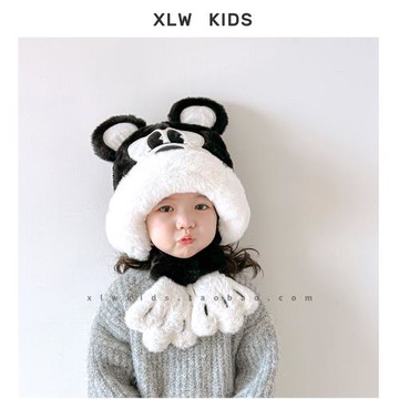 ins冬季可愛卡通兒童帽子圍巾一體帽男女寶寶加厚保暖毛絨護耳帽