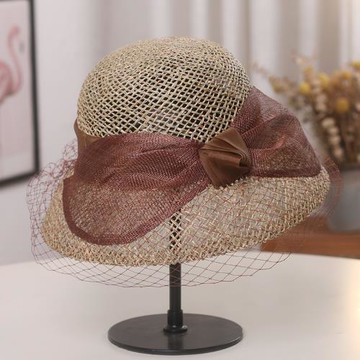 法式優雅網紗透氣遮陽盆帽女士春夏時尚高端麻紗蝴蝶結咸草漁夫帽