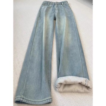 加絨加厚復古直筒牛仔褲女秋冬2025新款大碼胖mm高腰顯瘦闊腿長褲