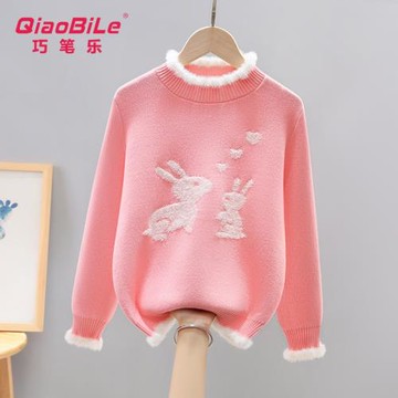女童全棉毛衣中大童洋氣木耳邊針織衫2025秋冬新款加絨加厚棉線衣