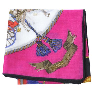 CELINE 優雅復古馬車金鍊流蘇品牌字母LOGO圖騰帕領巾(白/桃紅系/48CM)