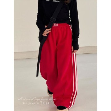 孫小美紅色女童加絨加厚休閑褲2026秋冬裝新款兒童褲子春秋闊腿褲