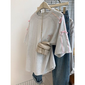 刺繡立體蝴蝶結短袖T恤女寬鬆黑色甜辣風大碼胖mm上衣女裝