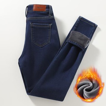 深藍色高腰加絨小腳褲女2024冬季新款九分褲顯瘦彈力一體絨牛仔褲