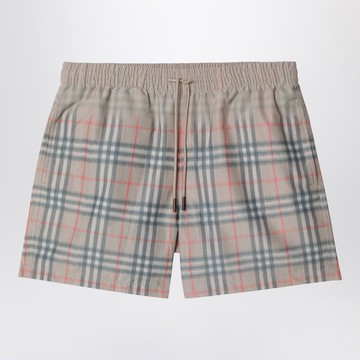 Beige swim shorts with faded Check pattern
