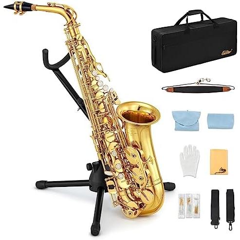 Eastar Tenor Saxophone Student Tenor Saxophone Bb Tenor Sax B Flat Gold Lacquer Beginner Saxophone With Cleaning Cloth,Carrying Case,Mouthpiec並行輸入