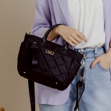 FOCUS菱格輕量防潑水真皮拼接尼龍包/手提/斜背/托特包【共3色-F7220】