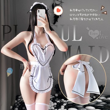 女僕裝 角色扮演！荷葉花邊愛心連身圍裙後蝴蝶結鏤空三件組
