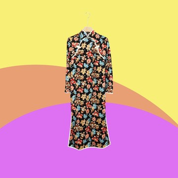 二手 黑色 彩葉 古董訂製 長袖 旗袍 CA0912